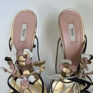 Prada | Shoes | Prada Gold Pink White Flower Bouquet Heels X